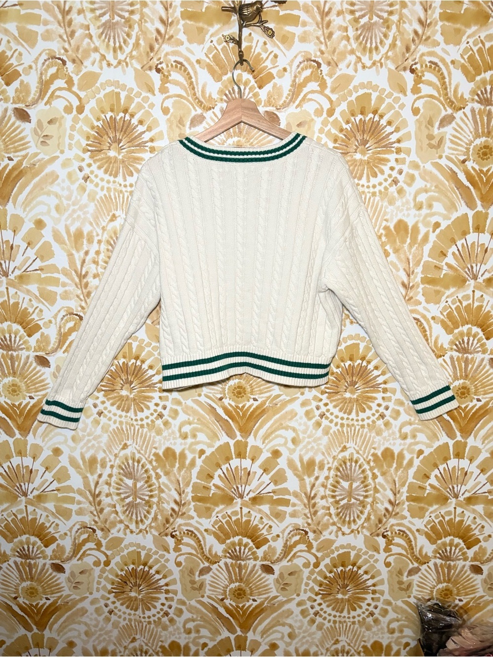Prince Ivory Cable Knit Cricket Sweater Green Trim V-Neck Preppy TennisPicklebal - Picture 5 of 11